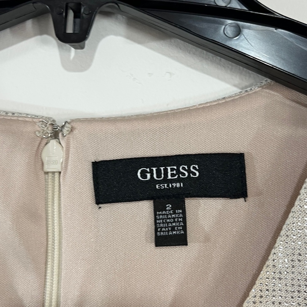Guess Tan Beige Silver Metallic Shimmer Long Sleeve Side Ruching Party Dress - Picture 3 of 12